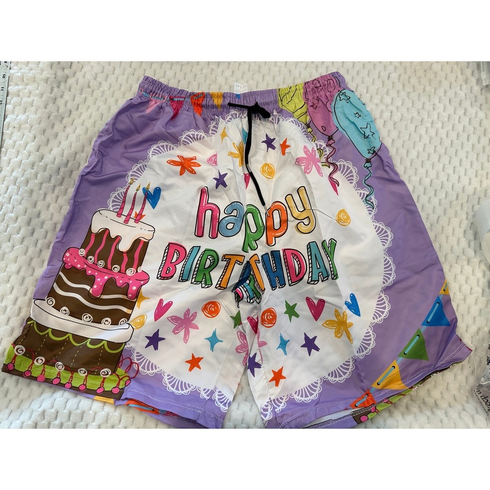 Happy Birthday Swim Trunks Mens 3XL Purple Cake Balloon Novelty Board Shorts